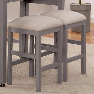 Light Gray Stools Set of 2-14x14x24 Inch Fabric Upholstered Seat, Solid Wood Frame, Linen-Like Beige Cushion, Farmhouse Rustic Kitchen Dining Counter Seating