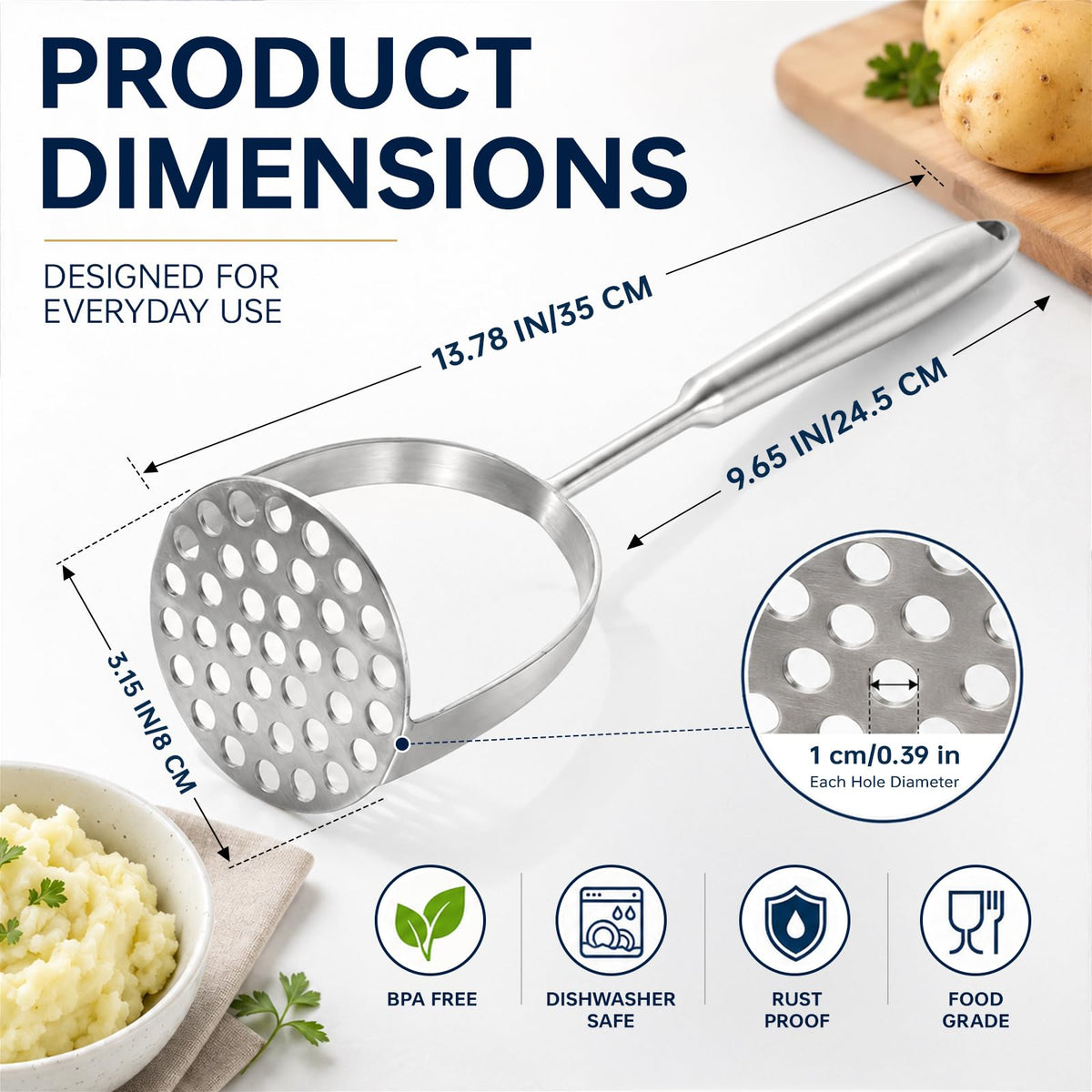 Newness Focus on Stainless Steel Potato Masher, One Piece Design, Silver