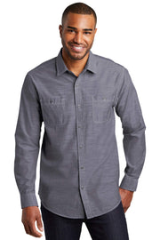 Men's Long Sleeve Slub Chambray Button-Down Shirt by Port Authority – Cotton, Navy, Model W380