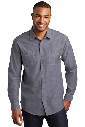 Men's Long Sleeve Slub Chambray Button-Down Shirt by Port Authority – Cotton, Navy, Model W380