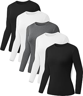 5 Pack Womens Basic Long Sleeve Shirts Crew Neck Slim-Fit Tops