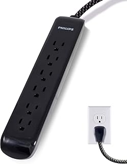 PHILIPS Surge Protector Power Strip, 4 Ft Braided Extension Cord | 6 Outlet Extender, 720 Joules, Flat Plug, Wall Mount, Home Office Dorm Essentials, ETL Safety Listed, Black, SPC3064BD/37