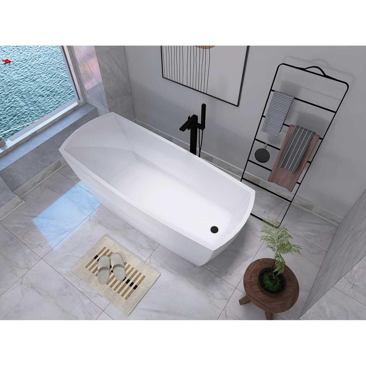 72" Soaking Single Slipper Bathtub -Glossy White/Black by Elegant Kitchen and Bath – Acrylic, White, Model BT21272GW-MBK