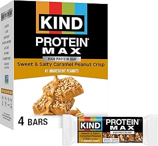 KIND Protein MAX Bars, Sweet & Salty Caramel Peanut Crisp, Gluten Free, Low Sugar, High Fiber Snacks, 20g Protein, 4 Count