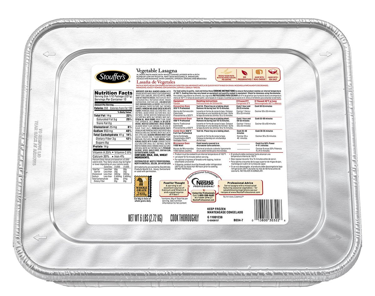 Vegetable Lasagna by Stouffer's – 96 oz, Pack of 4