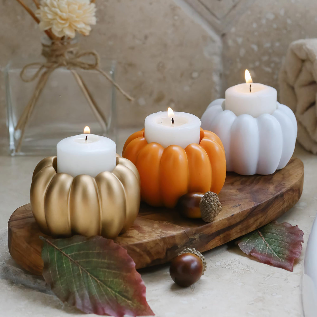 Kate Aspen Pumpkin Candle Holder Set, Resin Orange, Set of 6