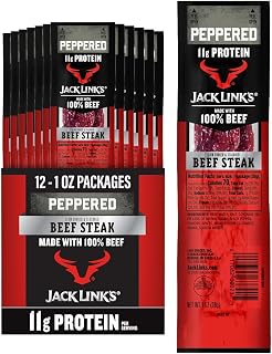 Jack Link's Peppered Beef Jerky Steaks - Ready to Eat Real Meat Protein Snacks - 11g Protein per Serving - Made with 100% Real Beef - (12 Pack) 1 oz Meat Snacks