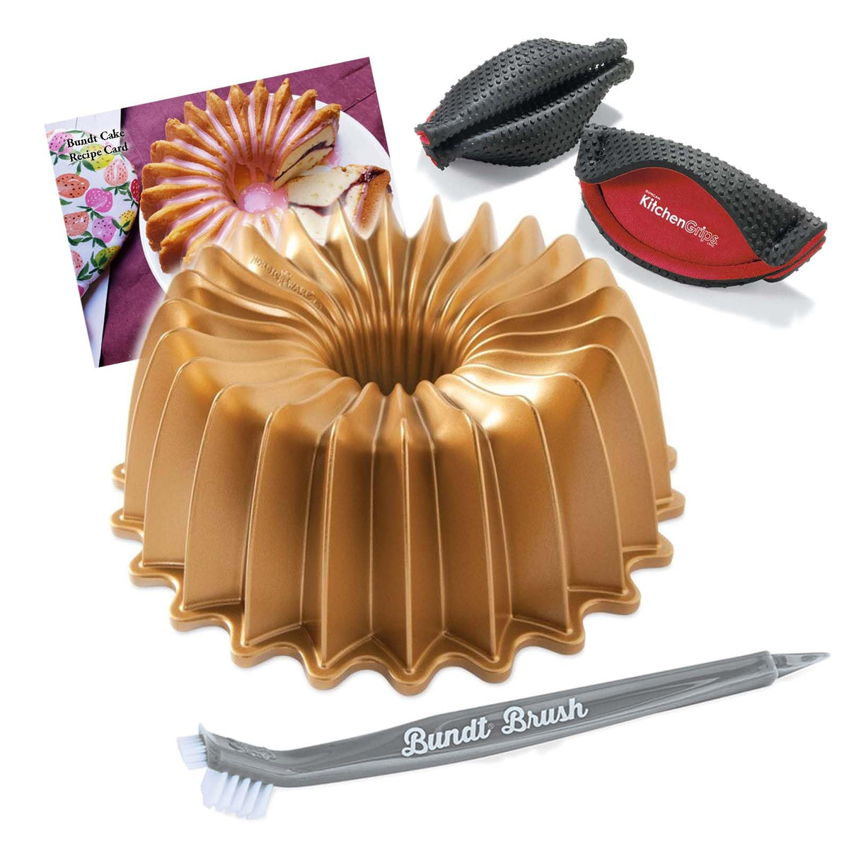 Bundt Cake Pan Gold - Cleaning Tool & Pot Holder by Nordic Ware – Large, 10.0 cups, Aluminum, Gold, Model NW857BK1