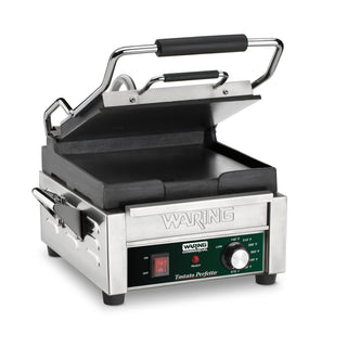 Panini Press with 9.75" x 9.25" Cooking Surface & Flat Plates by Waring – Compact Cooking Surface Machines, Stainless Steel, Silver, Model WFG150