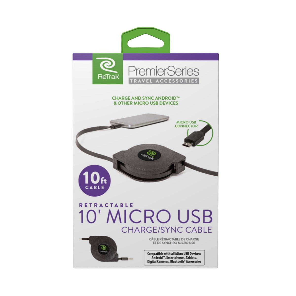 Retractable 10-Foot Micro USB Charge and Sync Cable by ReTrak – 10 feet, Copper, black, Model ETPRM510