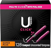 U by Kotex Click Compact Tampons, Super Plus Absorbency, Unscented, 128 Count (8 packs of 16)