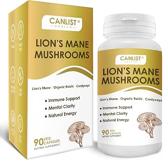 CANLIST Organic Mushroom Complex Capsules with Lion's Mane, Cordyceps, Reishi, Help for Cognitive Focus, Immune Support & Brain Health, Vegan, Non-GMO, 90 Capsules