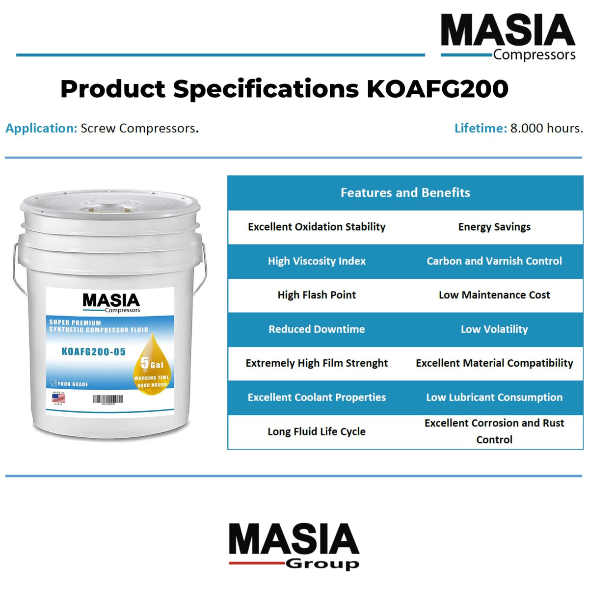 CP-4600-46F FG Lubricant for Compressor Compatible with CPI - 55 gal by MASIA COMPRESSORS – Model KOAFG200-55-020