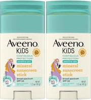Aveeno Kids Continuous Protection Zinc Oxide Mineral Sunscreen Stick for Sensitive Skin,Face & Body Sunscreen Stick for Kids with Broad Spectrum SPF 50,Sweat- & Water-Resistant,1.5 oz,(Pack of 2)