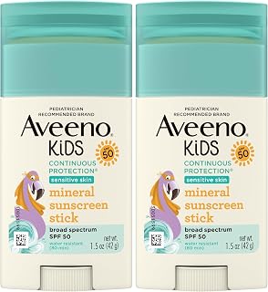 Aveeno Kids Continuous Protection Zinc Oxide Mineral Sunscreen Stick for Sensitive Skin,Face & Body Sunscreen Stick for Kids with Broad Spectrum SPF 50,Sweat- & Water-Resistant,1.5 oz,(Pack of 2)