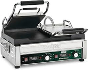 Waring Panini Press with Timer, 17" x 9.25" Cooking Surface & 240V | Double Flat Cast Iron Plates, 17" x 9.25" Cooking Surface, 570°F Adjustable Thermostat, for Sandwiches up to 3" Thick, 240V