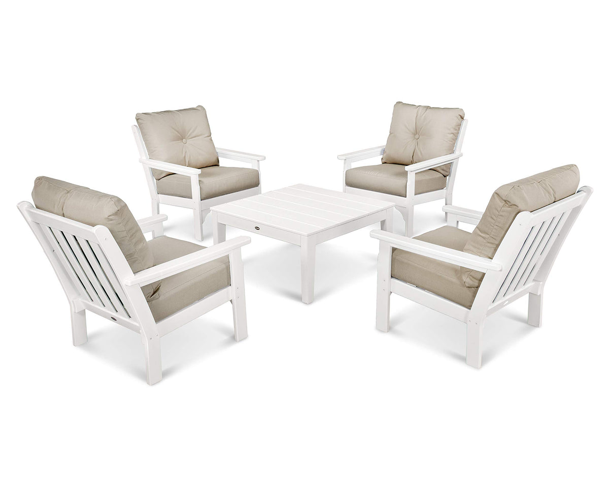 ® Vineyard 5-Piece Deep Seating Conversation Set in White/Cast Ash by Polywood – High Density Polyethylene, White / Cast Ash, Model PWS315-2-WH40428
