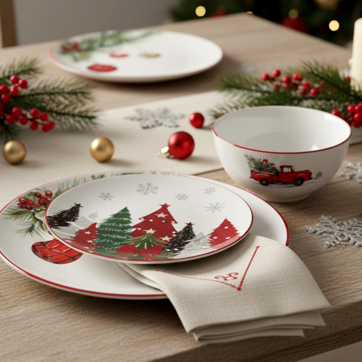 LemonRoad Christmas Dinnerware Set, Ceramic, 18 Piece for 6