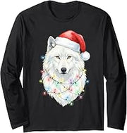 White Wolf Christmas Lights Festive Xmas Arctic Animal Long Sleeve T-Shirt