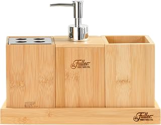 Fuller Brush Fuller’s Bamboo Bathroom Counter Set – Eco-Friendly & Water-Resistant Sink Organizer | 4-Piece Vanity Tray, Soap Dispenser, Toothbrush Holder & Storage Container