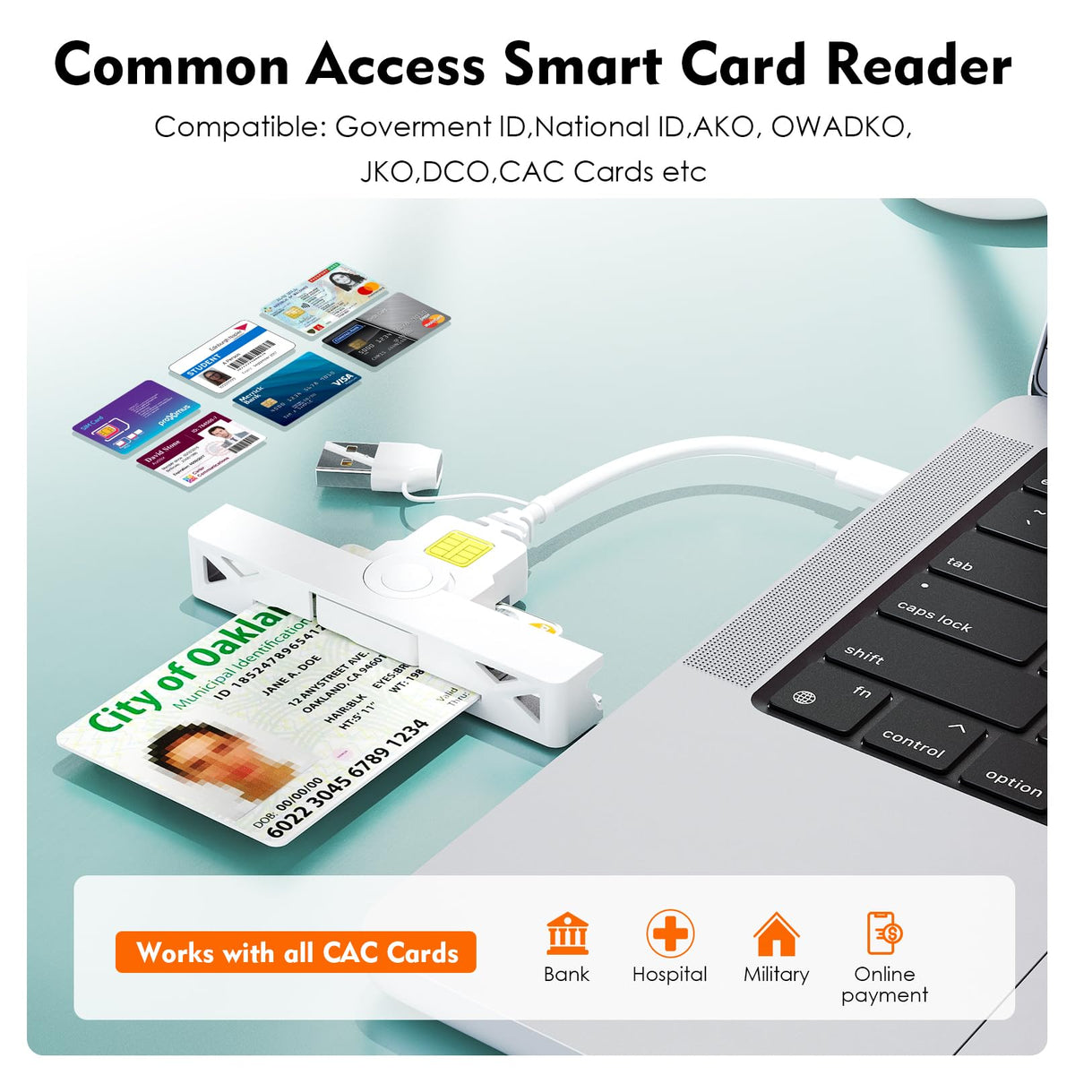 CAC Reader with 2 in 1 USB/Type C Dual Connector by Rocketek – Mini, White-335EN