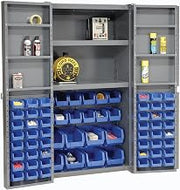 Global Industrial Deep Door Bin Cabinet, Includes 68 Blue Plastic Bins