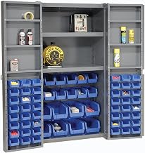 Global Industrial Deep Door Bin Cabinet, Includes 68 Blue Plastic Bins