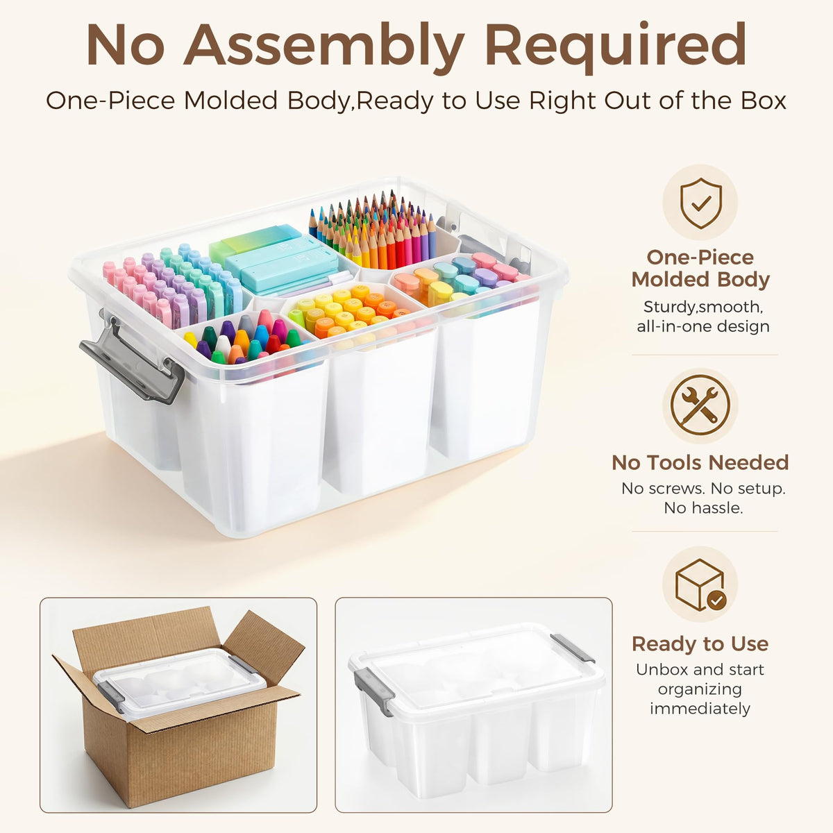 Citylife Craft Organizer Bin with Lid, 17 Quart with 6 Dividers, Clear White
