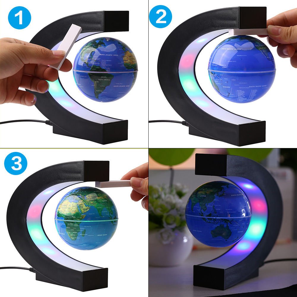 Magnetic Levitation Floating Globe World Map with C Shape Base (Blue 3" Globe) by FUGEST – Acrylonitrile Butadiene Styrene (ABS), Blue 3" Globe, Model F- CG