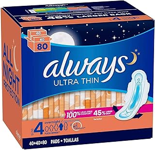 Always Ultra Thin Size 4 Overnight Pads with Wings Unscented 80 Ct.