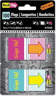 Redi-Tag Pop-Up Fab Page Flags w/Dispenser, inchSign Me! inch, Red/Orange, Teal/Yellow, 100/Pack