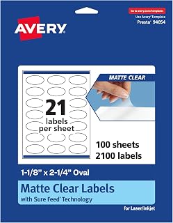 Avery Matte Clear Oval Labels, Sure Feed® Technology, 1-1/8" x 2-1/4", 2,100 Matte Clear Labels, Print-to-The-Edge, Laser/Inkjet Printable