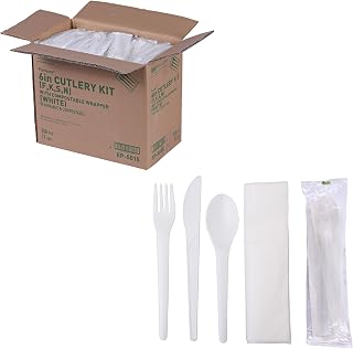 Eco-Products Compostable CPLA 6" Plastic Utensil Set, Wrapped Plantware Cutlery, Case of 250, White Disposable Knife, Fork, Spoon, and Napkin, Renewable Material Made from Plants, Sturdy and Strong