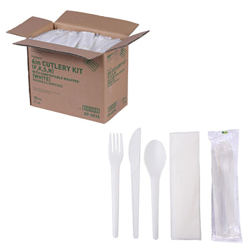 Eco-Products Compostable CPLA 6" Plastic Utensil Set – Wrapped Plantware Cutlery, Case of 250, White Disposable Knife, Fork, Spoon, and Napkin, Renewable Material Made from Plants, Sturdy and Strong