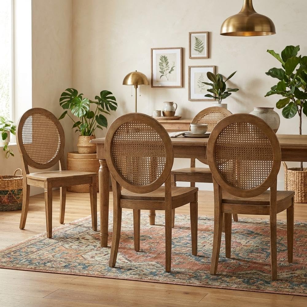 Brown 4-Piece Cane-Back Dining Chair Set by Furnifact – Rubberwood 95.00%,Paper Rattan 5.00%, Brown, Pack of 4