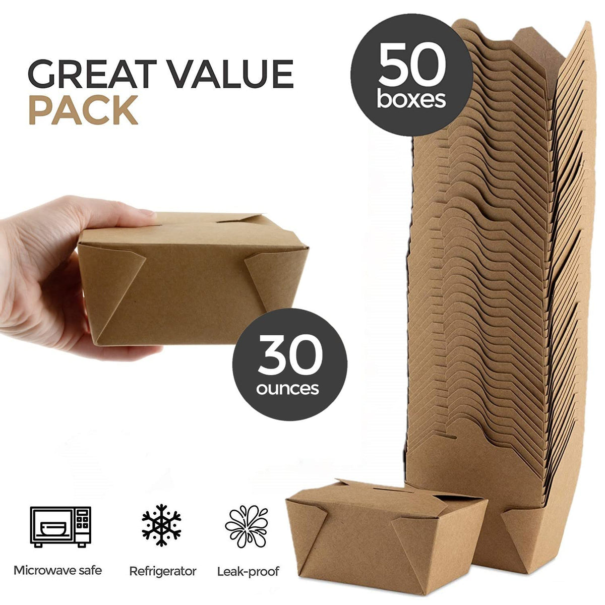 Take Out Food Containers Microwaveable Kraft Brown Take Out Boxes 30 oz (50 Pack) Leak and Grease Resistant for Restaurant by Stock Your Home – Fifty Pack (30 Oz), 30.0 ounces
