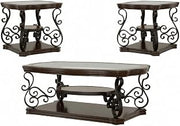 Furnifact Dark Merlot 3-Piece Glass Top Coffee and End Table Set, Rectangular Design, Traditional Style, Durable Construction, Includes 1 Coffee Table and 2 End Tables