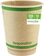 Responsible Products 10 oz Double Wall Insulated Paper Coffee Cups (500 Count) – Smooth Wall Insulated To Go Coffee Cups - Natural Brown, Compostable, Eco-Friendly, Disposable Hot Beverage Cups
