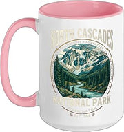 North Cascades National Park Washington Retro Mountain Badge Ceramic Mug, Pink/White, 15oz