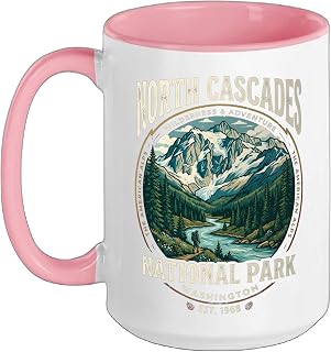 North Cascades National Park Washington Retro Mountain Badge Ceramic Mug, Pink/White, 15oz