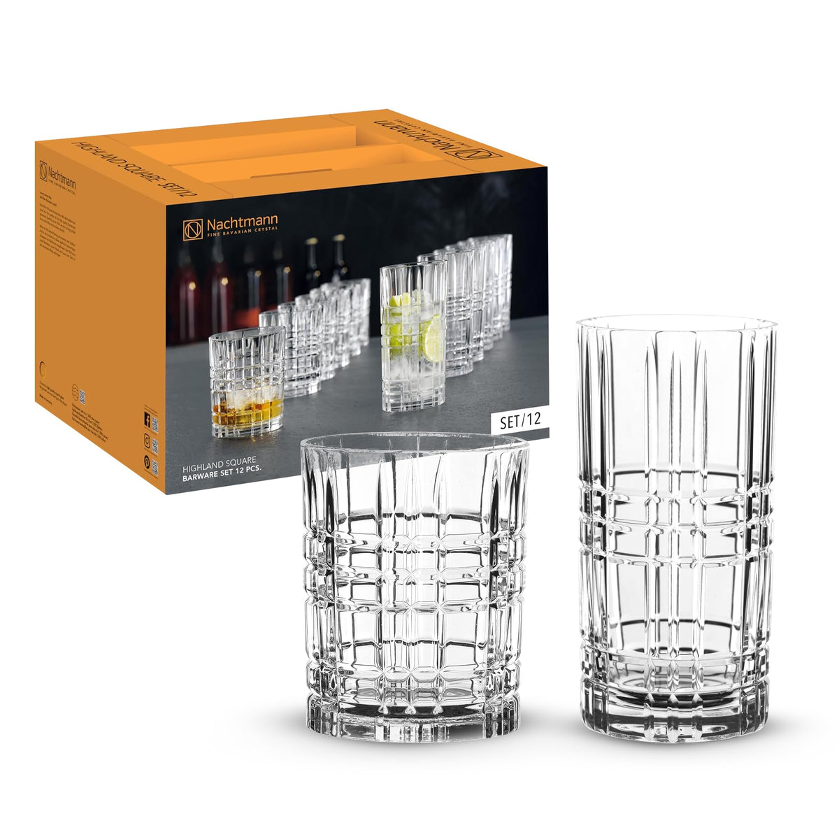 Highland 12 Piece Drinkware Set by Nachtmann – 15 fluid_ounces, Glass, Clear, Pack of 6, Model 101754