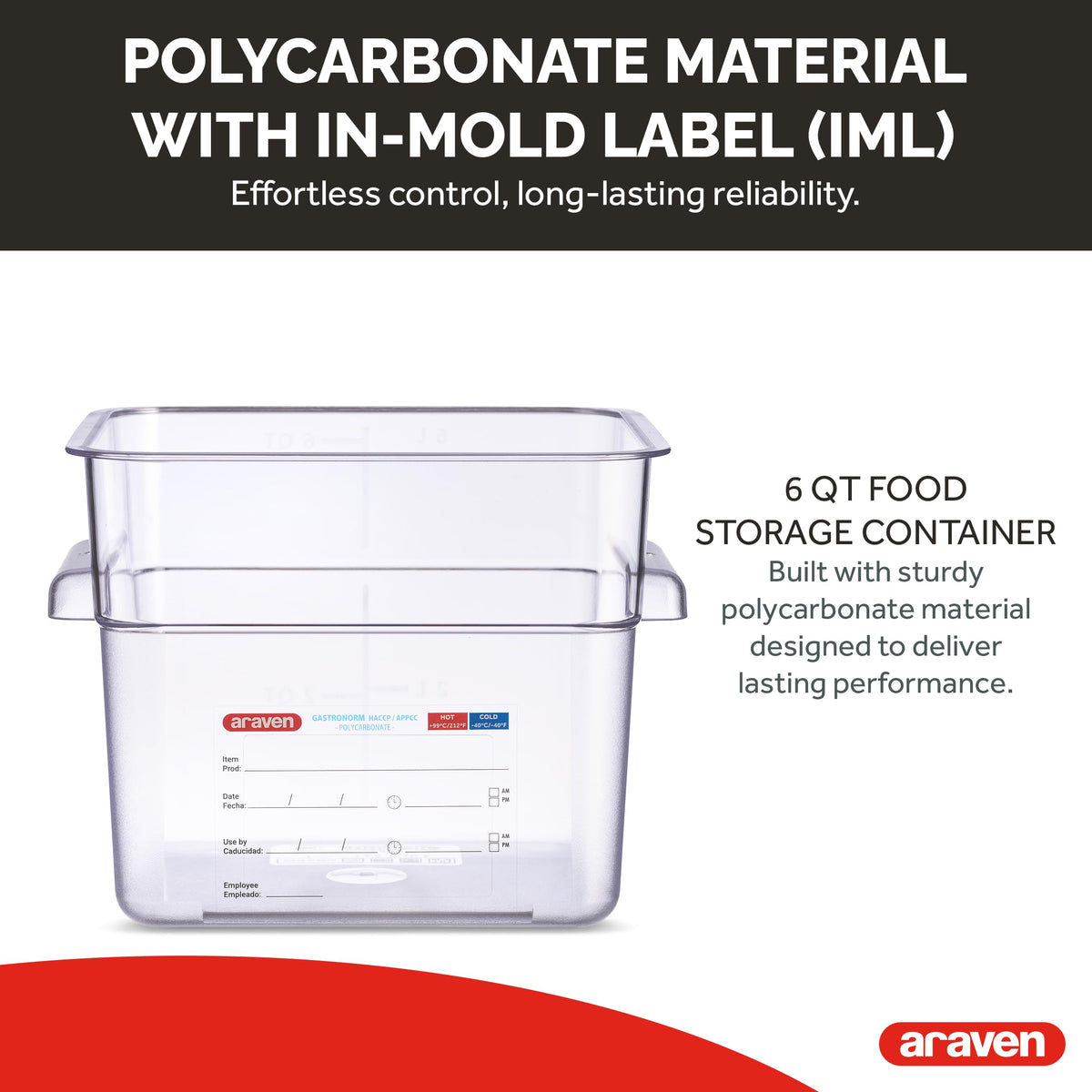 Polycarbonate Square Food Container by Araven – 1.59 cubic_feet, Polycarbonate (PC), Clear, Pack of 6, Model 91902