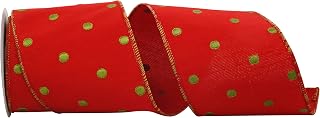 Reliant Ribbon Dot Embroidery Wired Edge Ribbon, 4 Inch X 5 Yards, Red/lime