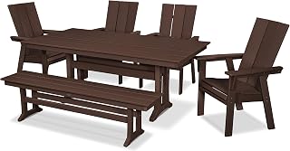 Polywood Modern Adirondack 6-Piece Farmhouse Dining Set with Bench (Mahogany)