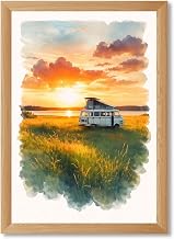 Sunset Camper Van Lakeside Field Poster Canvas Print Art Rustic Farmhouse Stunning Wall Art Painting Home Decor for Living Room Bedroom (12X18inch,Framed)