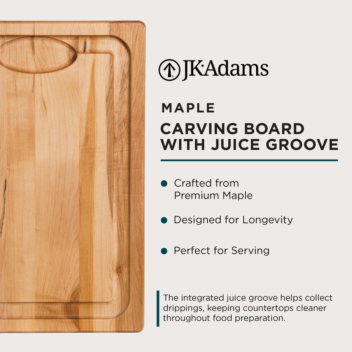 J.K. Adams Maple Wood Cutting Board, Juice Channel, 20 x 14 Inch