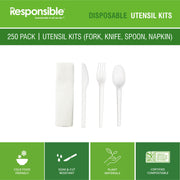 Utensil Cutlery Kits (Fork by Responsible Products – Fork, Knife, Spoon, Napkin (250 Count), Plastic, White, Pack of 250, Model RP-CPLAKIT-250