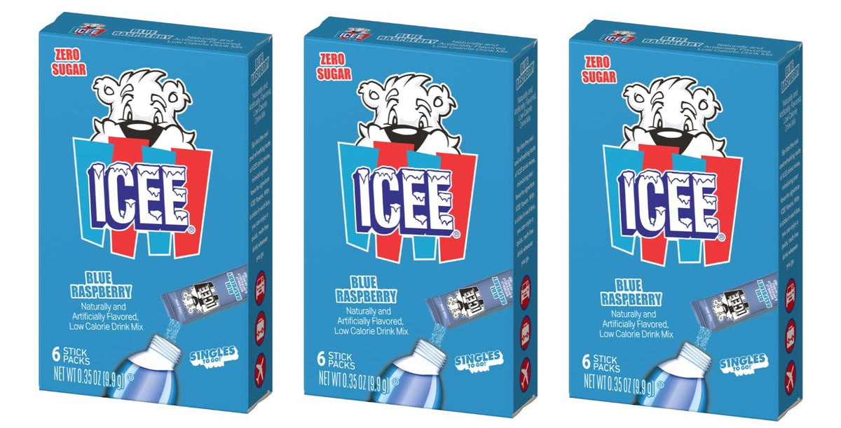 Blue Raspberry Singles To Go - Pack of 3 - Powdered Drink Mix - Zero Sugar - 6 Sticks Per Box - 18 Servings by Icee – 0.63 Ounce (Pack of 3), Pack of 3, Model EWFJS2025_222.4