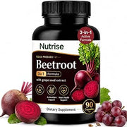 Nutrise Beetroot Capsules with Grape Seed Extract, 3-in-1 Plant-Based Formula for Daily Energy, Stamina and Focus Support, Non-GMO, Gluten-Free, 90 Capsules