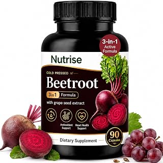 Nutrise Beetroot Capsules with Grape Seed Extract, 3-in-1 Plant-Based Formula for Daily Energy, Stamina and Focus Support, Non-GMO, Gluten-Free, 90 Capsules